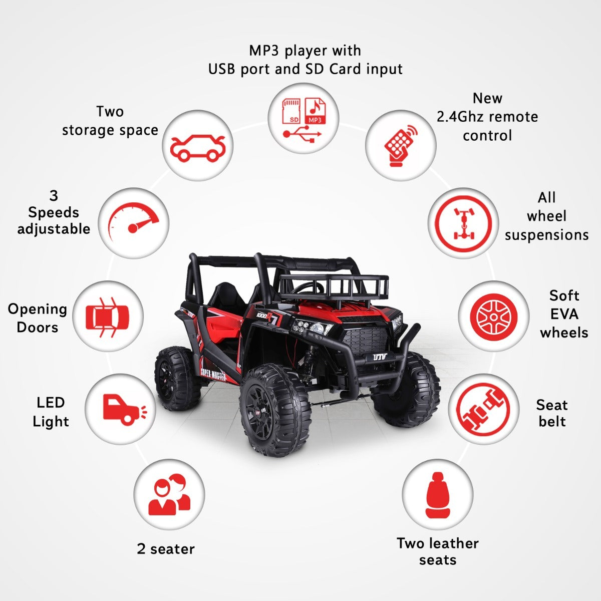 UTV 24V – Buggy électrique enfant 2 places | Rouge