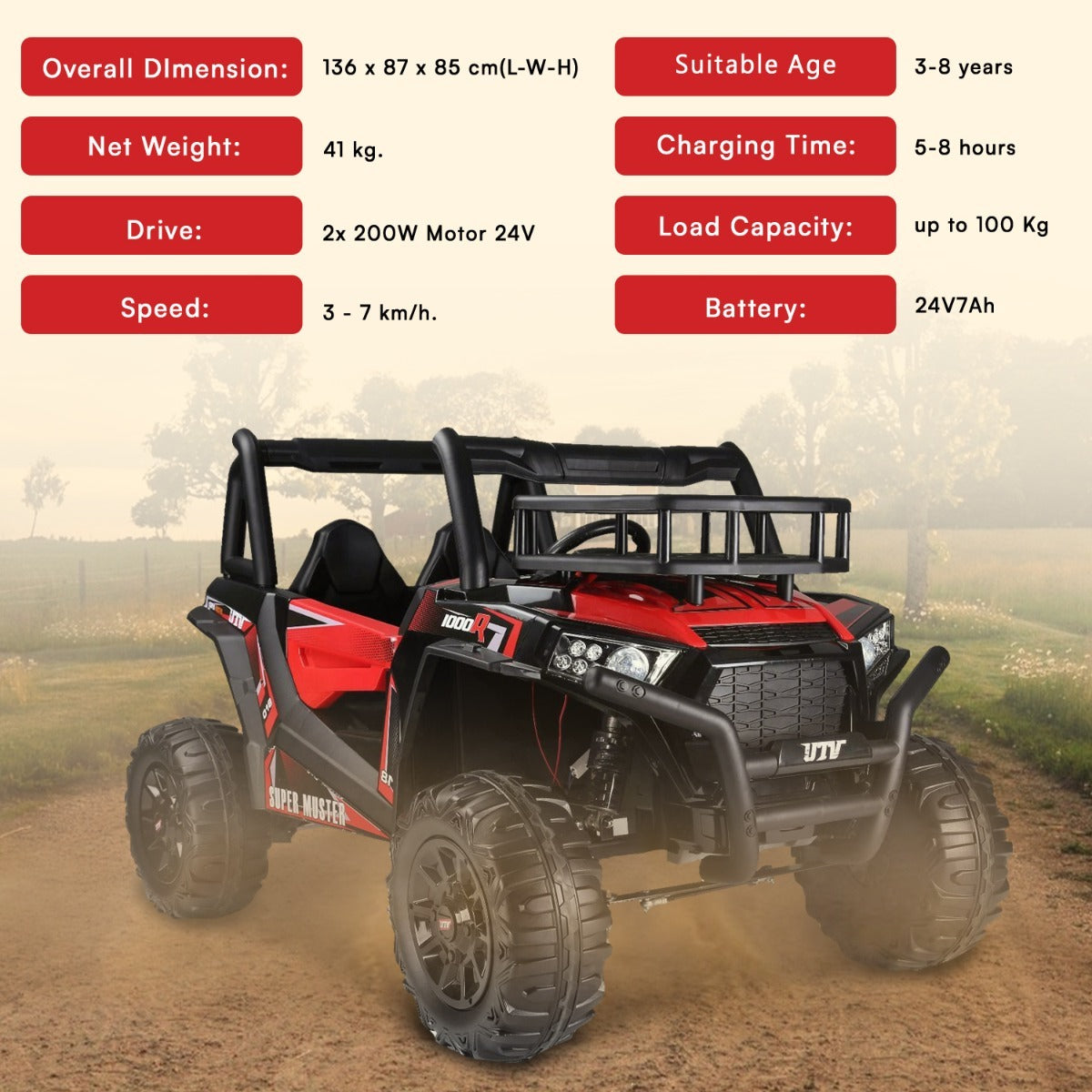 UTV 24V – Buggy électrique enfant 2 places | Rouge